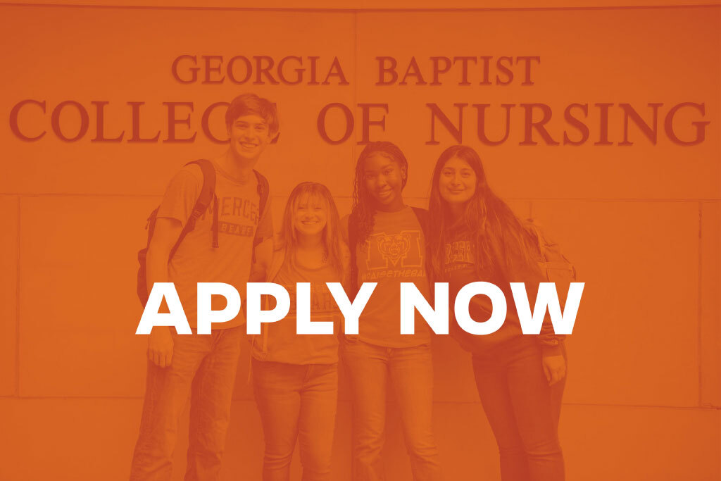 Orange box that reads "Apply Now" with college students posing in front of the Nursing building.