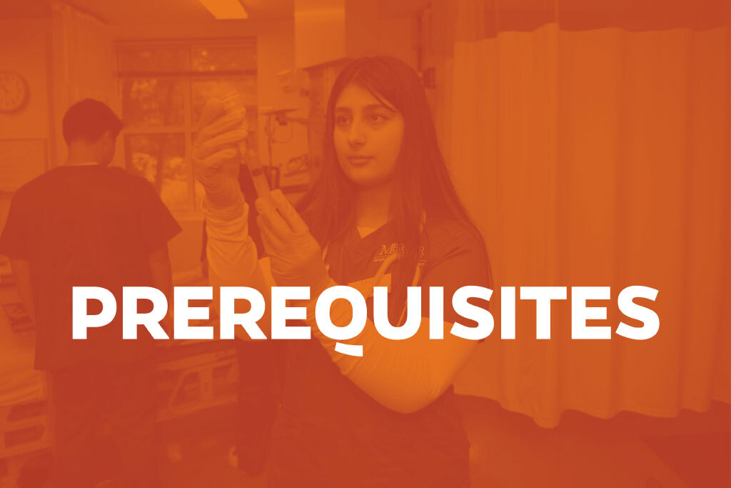 Orange box that states "Prerequisites" and a nursing student holding a syringe. 