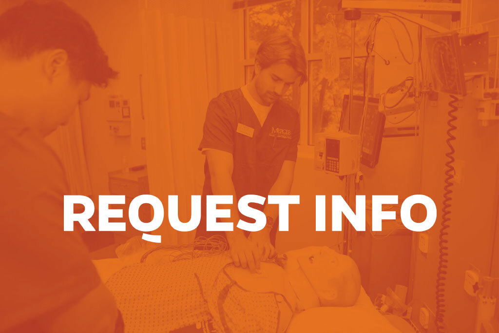 Orange filtered box that states "Request Info" over a nursing student performing CPR on a mannequin.